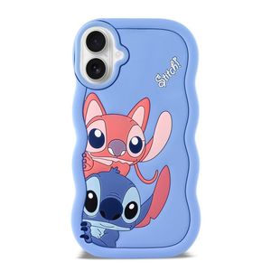 جراب هاتف من السيليكون الناعم ثلاثي الأبعاد بتصميم كرتوني لشخصيتي ليلو وستيتش، مناسب لهاتف آيفون 16 (أزرق فاتح)