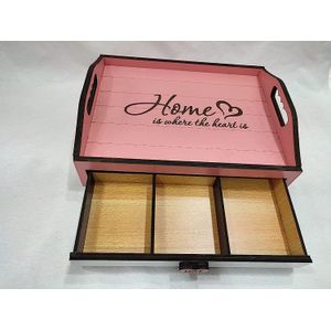 صينية تقديم قهوة زاوية مصنوعة يدويًا من الخشب بتقنية الديكوباج، مع درج لتخزين المشروبات وأكياس السكر والملاعق.