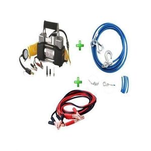 Car air compressor - 2 cylinders + battery cable + steel car tow rope
