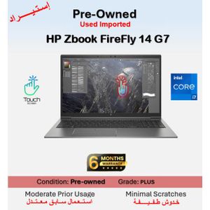 HP Preowned Zbook FireFly 14 G7 Intel® Core™ i7-10610U - RAM 16GB - Storage SSD 256GB - GPU Intel (R) Intel UHD 620 Graphics - Grade B - Windows - Display 14 INCH FHD – TOUCHSCREEN - English Keyboard ( Used Imported )