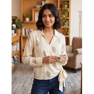 بلوزة حريمي كتان مشجرة بأكمام طويلة وربطة جانبية (Wrap Top) 