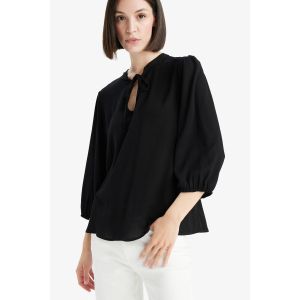 Defacto Woman Frill Neck Regular Fit Long Sleeve Blouse - Black