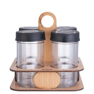 طقم برطمان توابل اكريليك، بغطاء بلاستيك، 4 قطع، ، بالأضافة الى استاند خشب - شفاف اسود