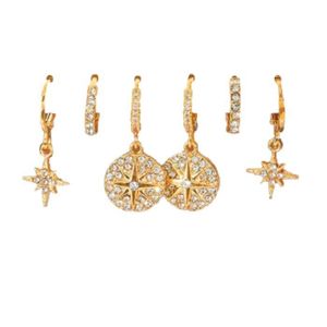 3Diamonds Luxury Rhinestone Star Dangle Earrings Set, 3 Pairs, Gold-Plated Copper, Crystal Inlaid Design