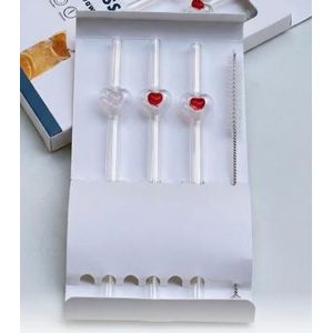 شاليمو زجاج بيركس بتصميم قلب  طقم شفاطات مشروبات ملونة قابلة لاعادة الاستخدام  مناسب للعصائر والسموثي والميلك شيك