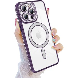 جراب موبايل متوافق مع ايفون 15 برو ماكس من تيبيكي، جراب حماية مغناطيسي مغناطيسي شفاف من البولي يوريثين الحراري الناعم المقاوم للصدمات مزين بترتر لامع ومرصع باحجار الراين اللامعة، ارجوانى 