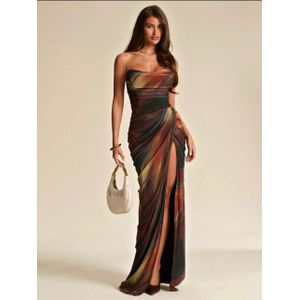 SHEIN BAE Spring/Summer Solid Purple Gradient Floral Print Women's Strapless Ruched Slim Fit High Slit Ruched Maxi Mesh Dress, Fitted Elegant Dress,Flowy Dress,Suitable For Vacation,Beach,Bridesmaid,Wedding,Spring/Summer Wear