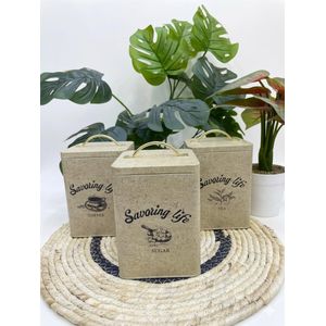 طقم علب توابل مربعة بتصميم سافورينج لايف، 3 قطع مع مقابض ذهبية، محكم الإغلاق للقهوة والسكر والشاي