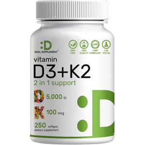 Deal Supplement Vitamin D3 5,000 IU + K2 MK7 Softgels 250 Softgels 250 Servings - Advanced Bone, Immune & Cardiovascular Support Matrix - Non-GMO & Gluten-Free
