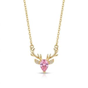 Women's Gold Stainless Steel Reindeer Antlers Pendant Necklace with Pink Crystal