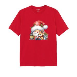 Christmas T-Shirt, Red Cotton Short Sleeve Tee with Santa and Reindeer Holiday Design, Festive Winter Theme 