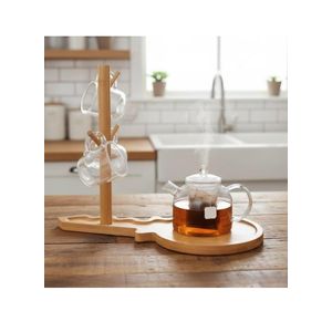 Happy Home Key-Shaped Bamboo Mug Holder - Stylish Mug Drying Rack with Stable Base and 4 Hooks for Hanging Mugs or Glasses - Modern Decor Design for Kitchen or Office
