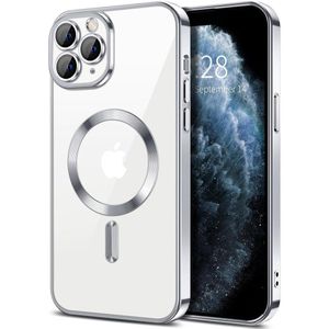 جراب مطلي بالكهرباء لهاتف آيفون 11 برو ماكس، يوفر حماية كاملة لعدسة الكاميرا، متوافق مع الشحن اللاسلكي MagSafe، جراب مغناطيسي ناعم مقاوم للصدمات مصنوع من مادة TPU (فضي).