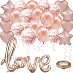 إمدادات زينة الحفلات بلون الذهب الوردي، مجموعة من 25 تشتمل على بالونات لاتكس كونفيتي ذهبية وردية، بالونات نجم وقلب فويل، بالون لافتة حب وأشرطة ليوم الفلانتاين، خطبة، حفلة زفاف شاور للعروس