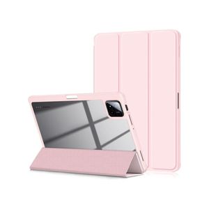 جراب متوافق مع جهاز Xiaomi Pad 7/7 Pro 11.2 بوصة (إصدار 2024)، غطاء ثلاثي الطي نحيف مقاوم للصدمات مع غطاء خلفي شفاف صلب وحامل قلم، غطاء ذكي بخاصية التشغيل/الإيقاف التلقائي، لون وردي