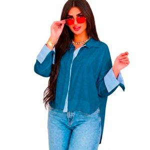 قميص نسائي كاجوال كتان مع تفاصيل مقلمة - أزرق بترولي