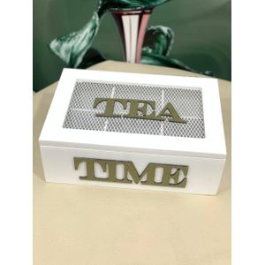 علبة شاي خشبية بيضاء، 6 خانات، مع غطاء شبكي، مقاس 25*16 سم، تصميم "Tea Time