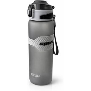 1000ml Sports Water Bottle with Straw & Carry Strap, BPA Free Leakproof Plastic Gym & Fitness Bottle, 1 Liter Reusable Drinking Bottle for School, Office & Outdoor Activities (Grey)