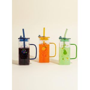 Plastic Tumbler Mug Set with Straw & Handle – Fruit Print, 3 Pieces