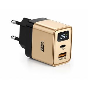 V Max شاحن حائط V-MAX C47 GaN سريع 25 وات بشاشة رقمية مع كابل PD ومنفذين USB + Type-C