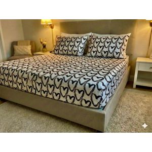 YARLIN طقم سرير من يارلن (ملاية سرير بأستيك لسرير مقاس 160 سم وغطاء وسادتين صغيرتين بتصميم بيج بلاك هيرت)