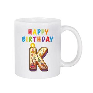 Happy Birthday Letter (K) Mug, White Ceramic Coffee Cup, Colourful Birthday Theme       