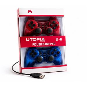 ذراع تحكم مزدوج USB GAMEPAD أزرق وأحمر، بتصميم مريح يناسب اليدين، مما يجعله مثالياً لجلسات الألعاب الطويلة.