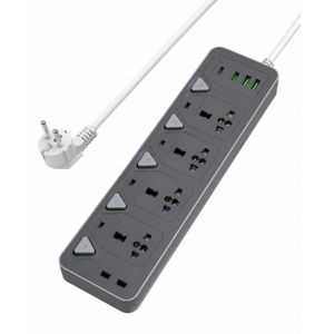 مشترك كهرباء 5 مخارج عالمي بمفاتيح تشغيل مستقلة + منفذي USB للشحن – قدرة 2500 وات – كابل 2 متر – حماية من الأحمال الزائدة