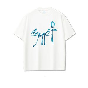 white Cotton T-Shirt with Blue Script Egypt word Design, Casual Short Sleeve