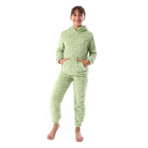 Andora Lattice Pattern Fur Hooded Girls' Pajama - Light Green