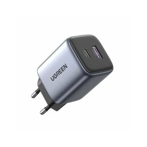Ugreen شاحن جداري مزدوج المنافذ USB-C و USB-A بتقنية GaN والشحن السريع Nexode بقدرة 35 واط ودعم PD باللون الرمادي
