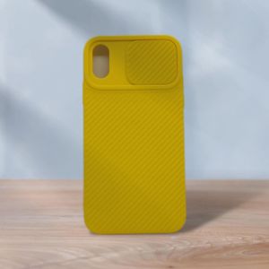 جراب بتصميم خطوط حماية للهاتف بباب منزلق لعدسة الكاميرا لهاتف ايفون X - اصفر