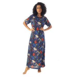 Andora Floral Pattern Short Sleeves Cotton Nightgown - Navy Blue, Beige and Red