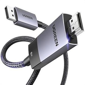 Ugreen كابل DisplayPort إلى HDMI أحادي الاتجاه مضفر يدعم دقة 8K@60Hz، و4K@240Hz/120Hz، و2K@240Hz، DP 1.4 إلى HDMI 2.1 عالي السرعة، يدعم تقنية 3D/HDCP 2.3/Active HDR، يدعم شاشات متعددة للشاشات وأجهزة العرض وأجهزة الكمبيوتر المحمولة (2 متر)