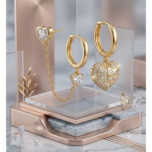 Exquisite Multi-Piece Chain-Linked Earring Set in Platinum-Tone Finish Featuring Sparkling Heart-Shaped Crystal Pendants and Intricate Pavé-Set Heart Charm