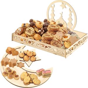 صينية خشبية رمضانية مكونة من قطعتين، أدوات تقديم طعام لحفلات عيد الفطر المبارك، صينية خشبية رمضانية للإفطار والعشاء والحلويات والمعجنات، حامل عرض وزينة (نمط كلاسيكي)