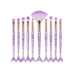 Professional Soft Makeup Brush Set - 10 Beauty Brushes (Blending, Powder, Fan Highlighter, Contour) in a Purple Mermaid Design - Gifts for Girls, Brides, and Beauty Salon Supplies