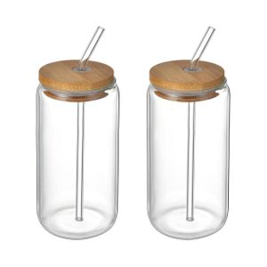 2 Pcs Glass Iced Coffee Mug with Straw and Bamboo Wood Lid Glass Juice Mug with Straw and Wooden Lid - Drinking Cups with Bamboo Lids and Straws, Glass Cup for Iced Coffee, Milk, Yogurt, Cocktails, Smoothies Clear Drinking Cup for Juice, Milk - Glass