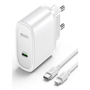 Yesido YC57L PD 20W USB-C / Type-C Port Quick Charger with Type-C to 8 Pin Cable, EU Plug (White)