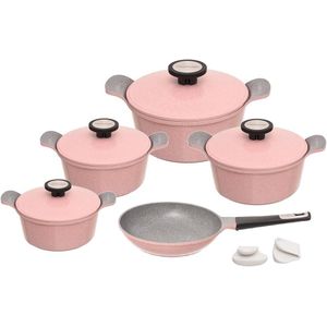 Neoflam طقم اواني طهي جرانيت مكون من 11 قطعة  4 حلل مع اغطية 20-28 1 مقلاة 24 2 مقبض سيليكون - رخامي بينك لا يلتصق