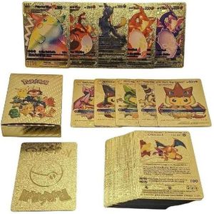 55 Pcs Pokemon Gold Foil Cards Set - Luxury Golden Waterproof TCG Cards Pack (Vmax, GX, DX Series) - Rare Shiny Booster Box Cards for Kids, Collectors & Pokemon Fans Gift