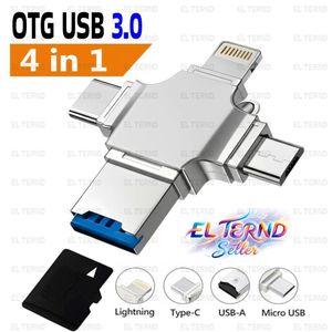 قارئ بطاقات 4 فى 1 OTG من نوع USB 3.0 يدعم منافذ (تايب سى وايفون ومايكرو وتركيب كارت ميمورى)  بواسطة EL-TERND - فضى