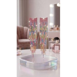 "Radiant Multi-Color Rainbow Crystal Fringe Statement Dangle Earrings"