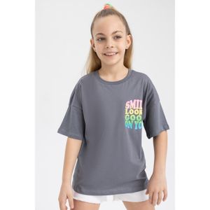 Defacto Knitted Short Sleeve T-Shirt - Grey