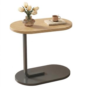 Modern C-shaped side table with a wooden top and metal base – a side table for sofas and beds – versatile for mobile phones, laptops, and coffee – 62×39×28 cm
