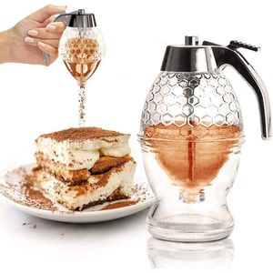 Plan A 400ml glass honey pouring jug with stainless steel dispenser, elegant honeycomb design, perfect for storing and serving honey and syrups, drip-proof, easy to use and clean, suitable for the kitchen and dining table.