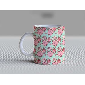 Cute Cherry Blossom Mug - Ceramic Coffee Cup, 11 oz - Pastel Mint Green Background with Pink Sakura Flowers All-Over Pattern, Aesthetic Kawaii Botanical Gift for Women, Girls, and Anime Fans, Desk Decor