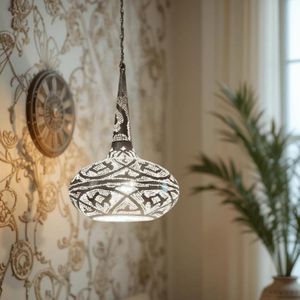 BR419 Moroccan Pendant Light, Handcrafted Steel Hanging Lamp with Intricate Geometric Pattern, Silver