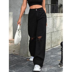 Korea Women High Waist Ripped Denim Jeans Skinny Leggings Straight Cropped  Pants