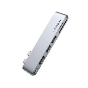 Ugreen  USB-C Hub 6-in-2، محول Type-C متعدد المنافذ مع HDMI 4K وUSB 3.0 وقارئ SD/Micro SD وThunderbolt 3 - رمادي